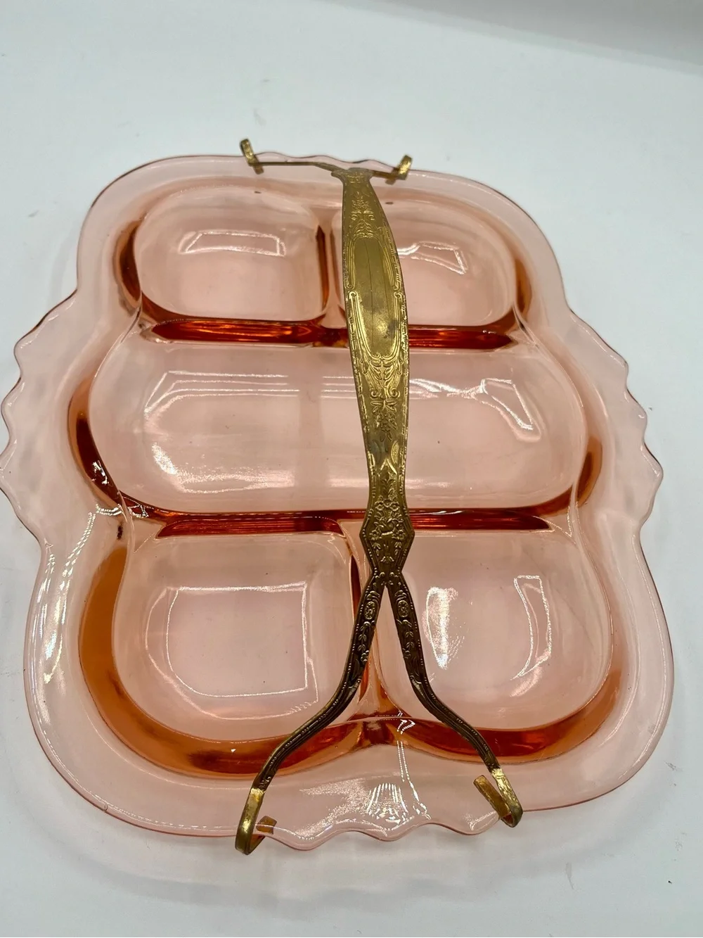 Vintage Pink Glass Divided Serving Tray with Handle from